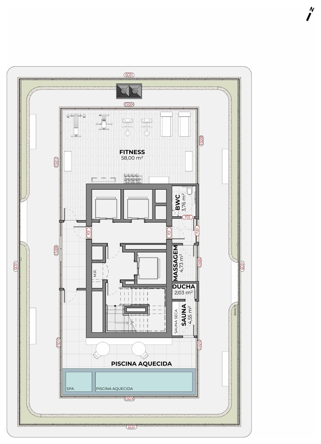 Planta da cobertura do SKY, com piscina aquecida, fitness e sauna
